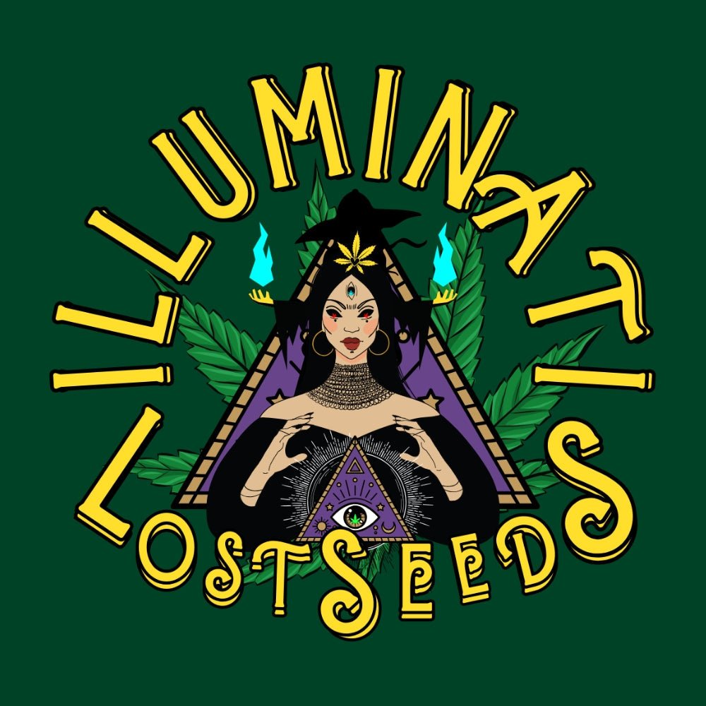 illuminati lost seeds logo mit Hexe in der mitte und grüner Hintergrund