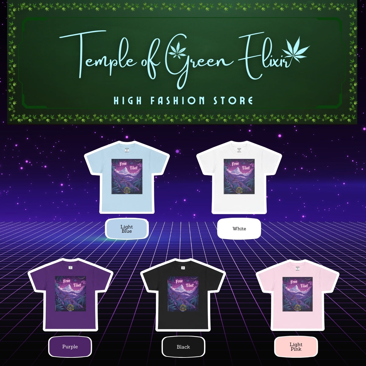 Free Tibet T-shirt color chart:
Hellblau, Weiß, Lila, Schwarz, Hellrosa