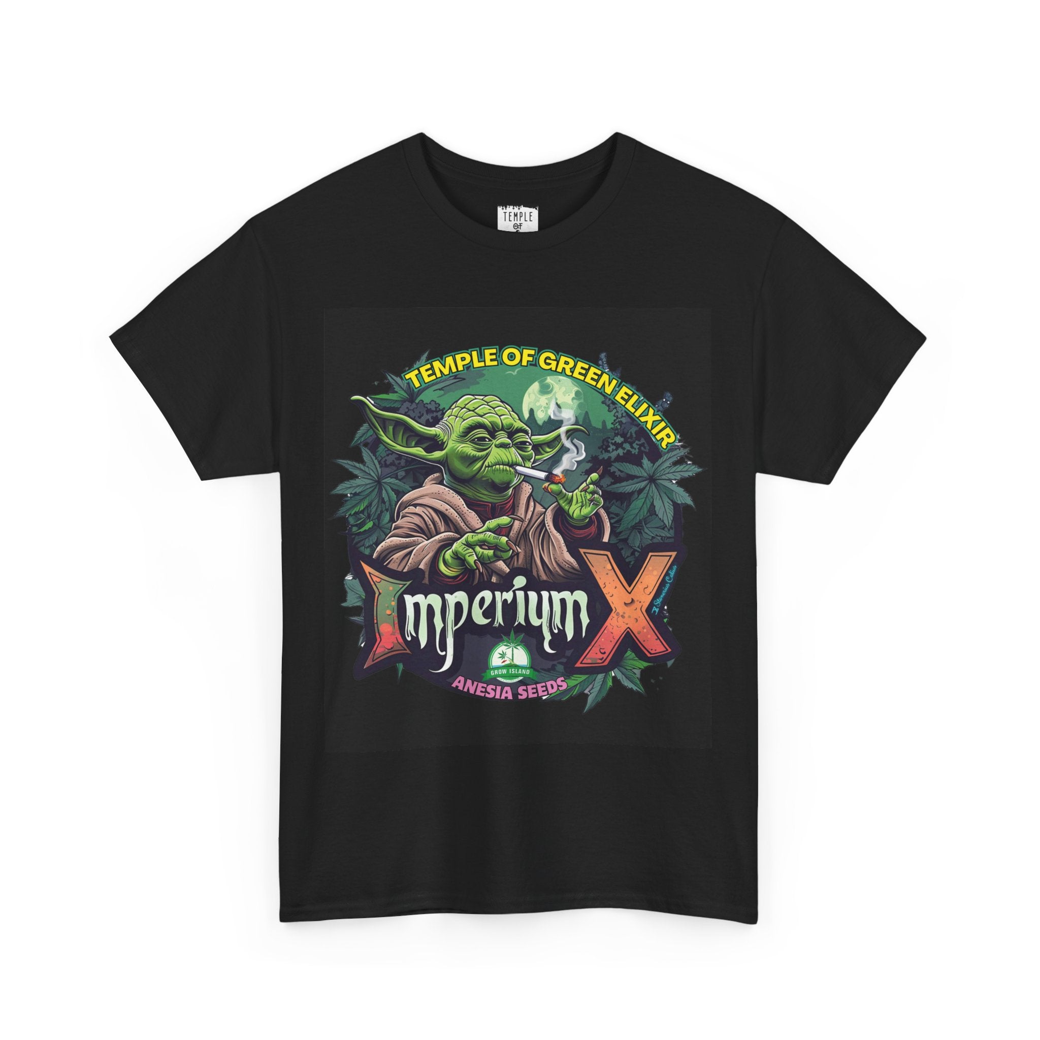 Imperium X T-shirt schwarz, grüne Yoda-ähnliche Figur raucht, umgeben von Cannabispflanzen und Vollmond, Anesia Seeds.