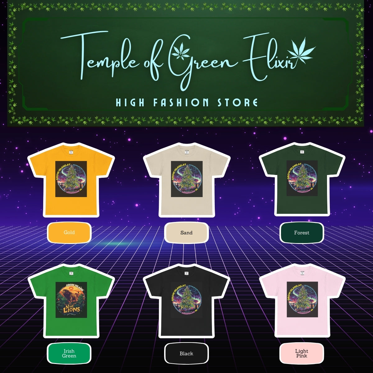 Marshmallow OG T-shirt Color chart:
gelb, sand, dunkel grün, irish grün, schwarz, rosa
