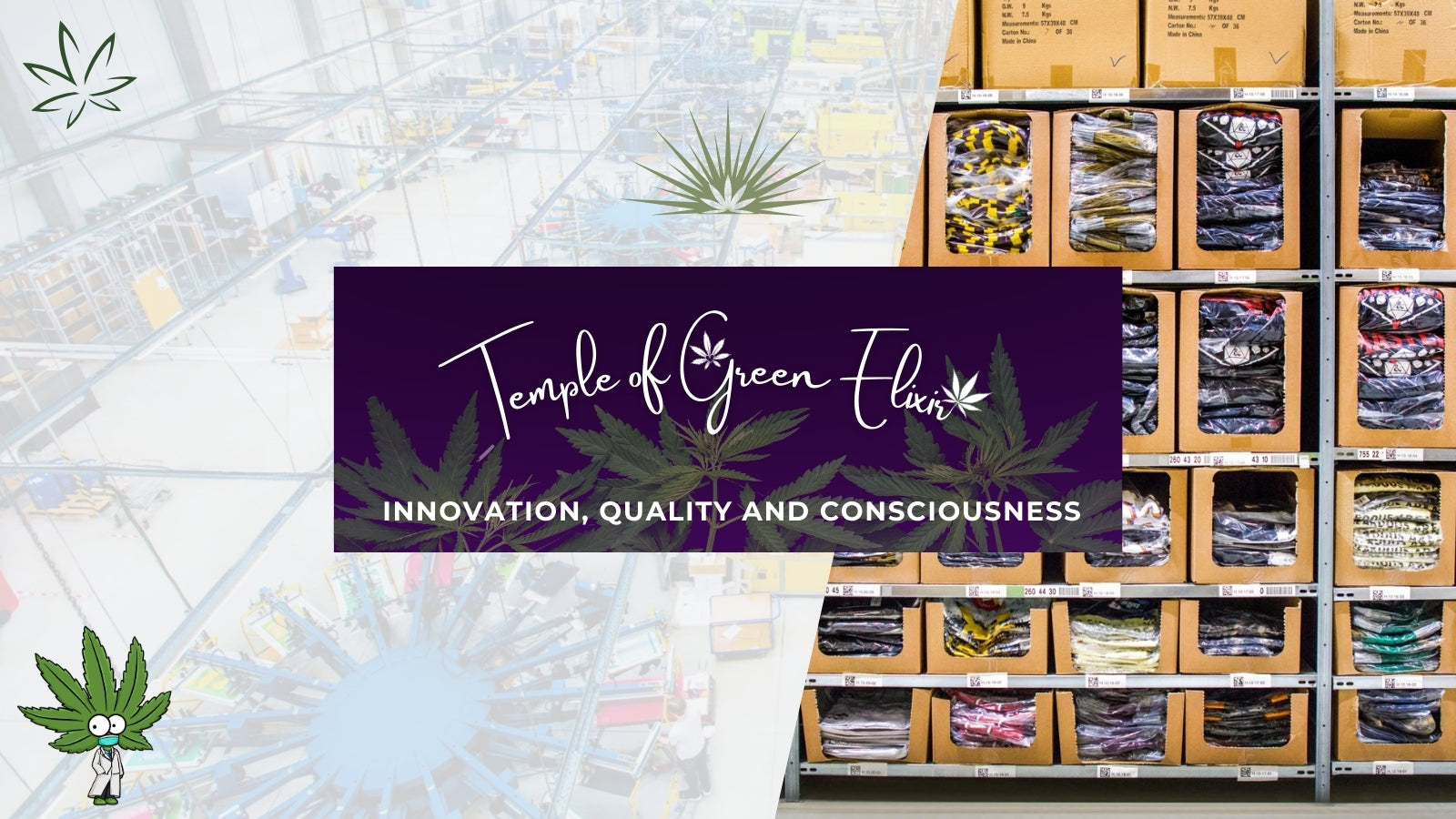 Innovation, Qualität und Bewusstsein im Hintergrund ist die Fabrik und Lager zu sehen