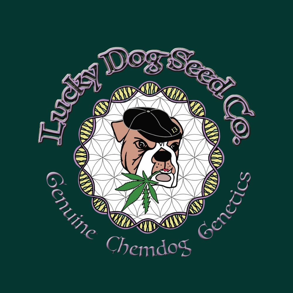 Lucky Dog Seed Co. logo mit Bulldog Gesicht und grüne Hintergrund