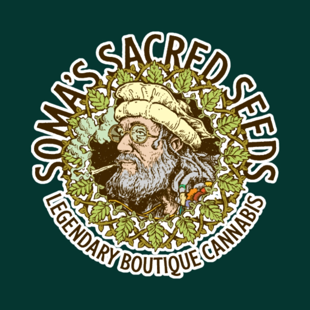 Soma´s Sacred seeds logo mit Soma Gesicht der Cannabis Joint raucht, mit grüner Hintergrund