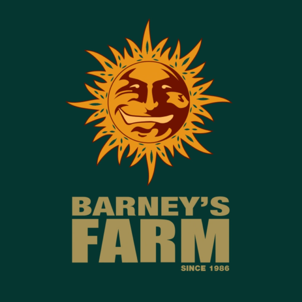 Barney´s Farm logo mit Sonne und grüne Hintergrund