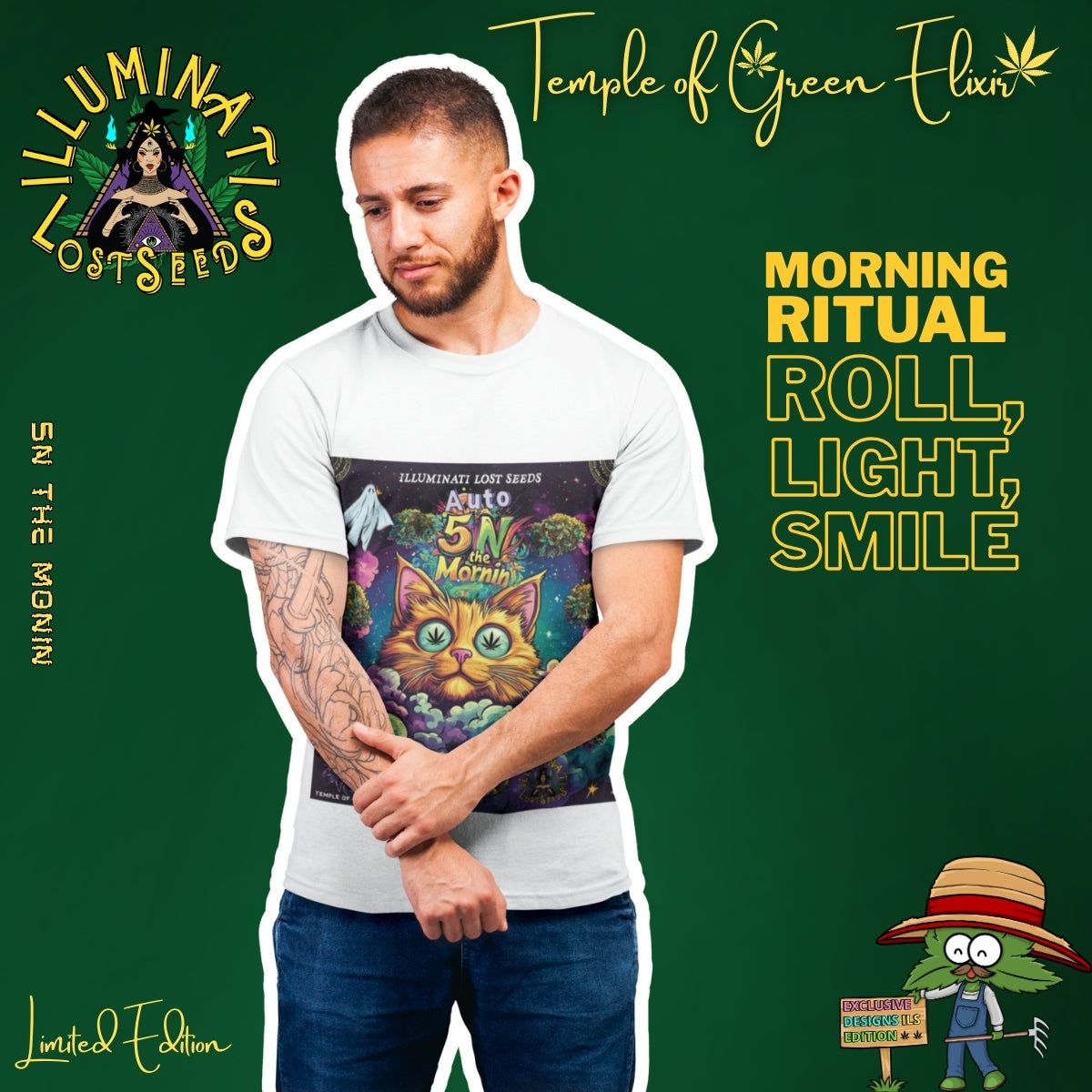 Ein Mann trägt das weiße Auto 5 in the Mornin’ T-Shirt aus der Temple of Green Elixir x Illuminati Lost Seeds Kollektion. Das Design zeigt eine bunte, verträumte Katze mit Hanfaugen – Symbol für gute Laune, Kreativität und den perfekten Start in den Tag mit einem Lächeln.