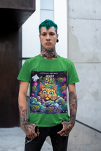Ein junger Mann mit Tattoos trägt das grüne Auto 5 in the Mornin’ T-Shirt aus der Temple of Green Elixir x Illuminati Lost Seeds Kollektion. Das psychedelische Katzenmotiv steht für kreative Energie und rebellischen Stil – perfekt für freie Geister mit kosmischer Attitüde.
