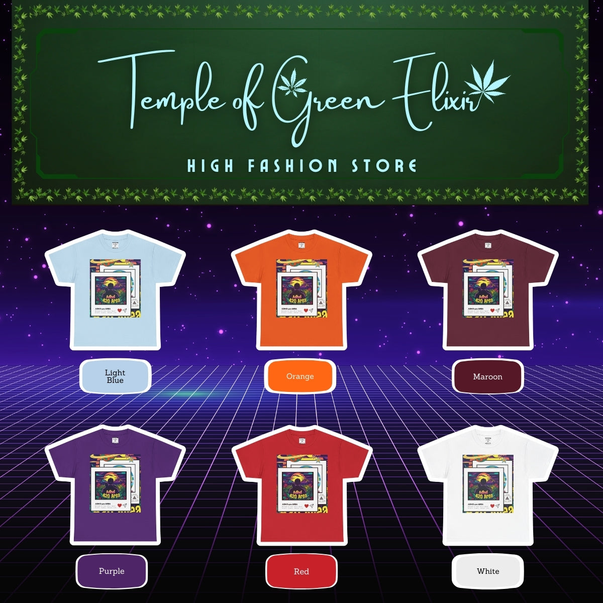 ADHD 420 Area Stonerius Calius Edition T-shirt Color chart:
Hell Blau, Orange, Bordou, Lila, rot, weiss