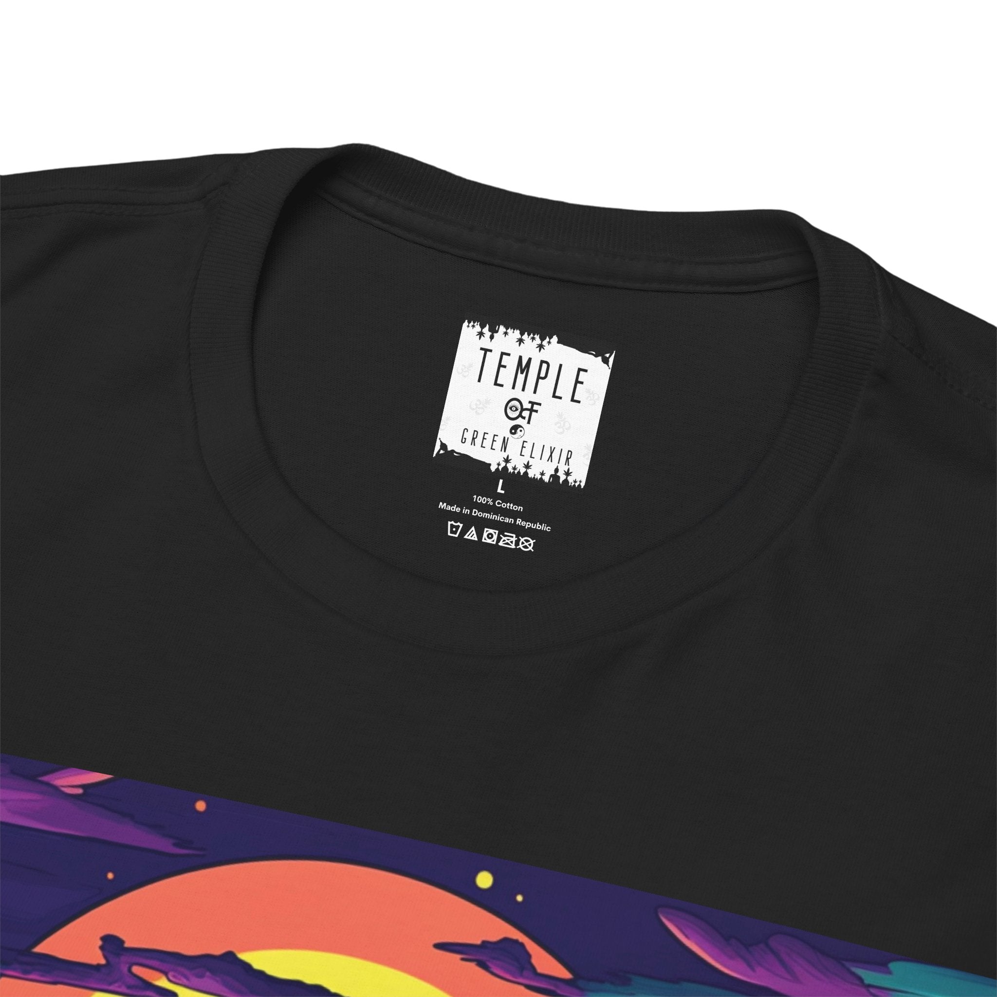 Temple of green Elixir Drucklabel in der innerseite von schwarzem ADHD 420 Area T-shirt