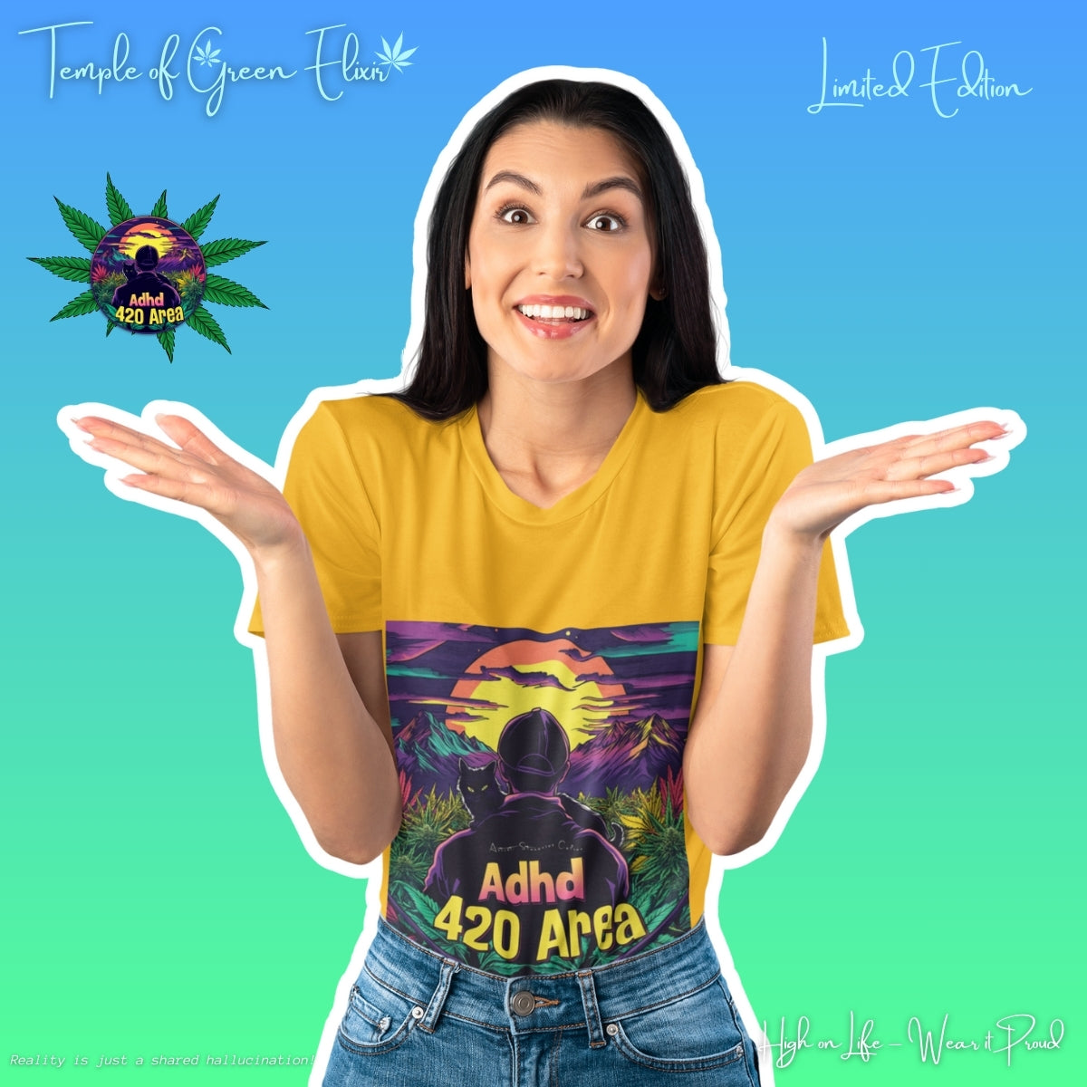 Eine Frau mit erhobenen Händen und einem Lächeln, vor einem blaugrünen Hintergrund, trägt ein gelbes  ADHD 420 Area T-Shirt, links sind die Logos von ADHD420Area und Temple of Green Elixir zu sehen. Das Motiv zeigt eine friedliche Landschaft im warmen Licht des Sonnenuntergangs, in der die Hauptfigur – in Begleitung ihrer treuen schwarzen Katze – durch ein Cannabisfeld streift und die Ruhe der Natur genießt.