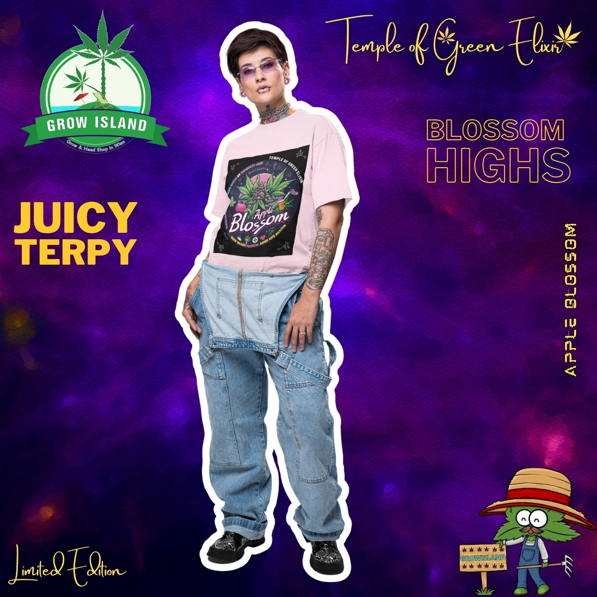 Frau steht im Apple Blossom rosa T-shirt und Jeans, lila-blaue hintergrund mit Grow Island und Temple of Green Elixir logo, text wie Juicy terpy auf der linke seite und Cannabis Figur in der rechte untere Ecke.