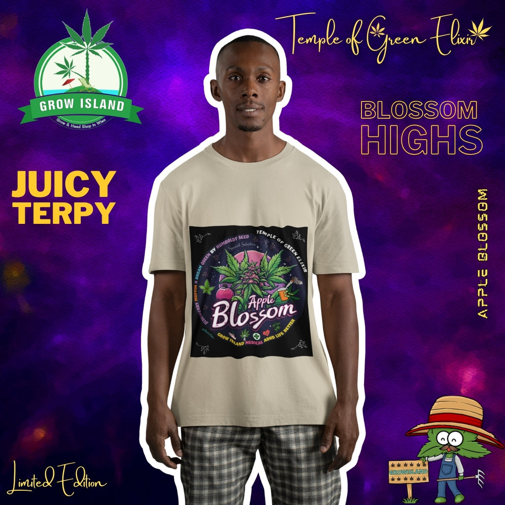 Mann steht im Apple Blossom sand T-shirt und karierte Hose, lila-blaue hintergrund mit Grow Island und Temple of Green Elixir logo, text wie Juicy terpy auf der linke seite und Cannabis Figur in der rechte untere Ecke.