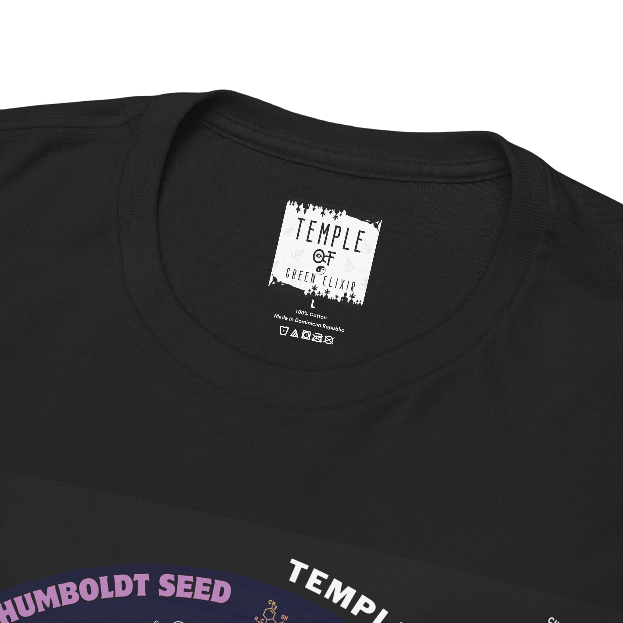 Temple of green Elixir Drucklabel in der innerseite vom schwarzen Apple Blossom T-shirt