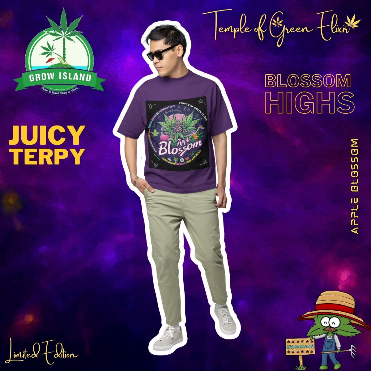 Junger Herr steht im Apple Blossom lila T-shirt und beige Hose, lila-blaue hintergrund mit Grow Island und Temple of Green Elixir logo, text wie Juicy terpy auf der linke seite und Cannabis Figur in der rechte untere Ecke.