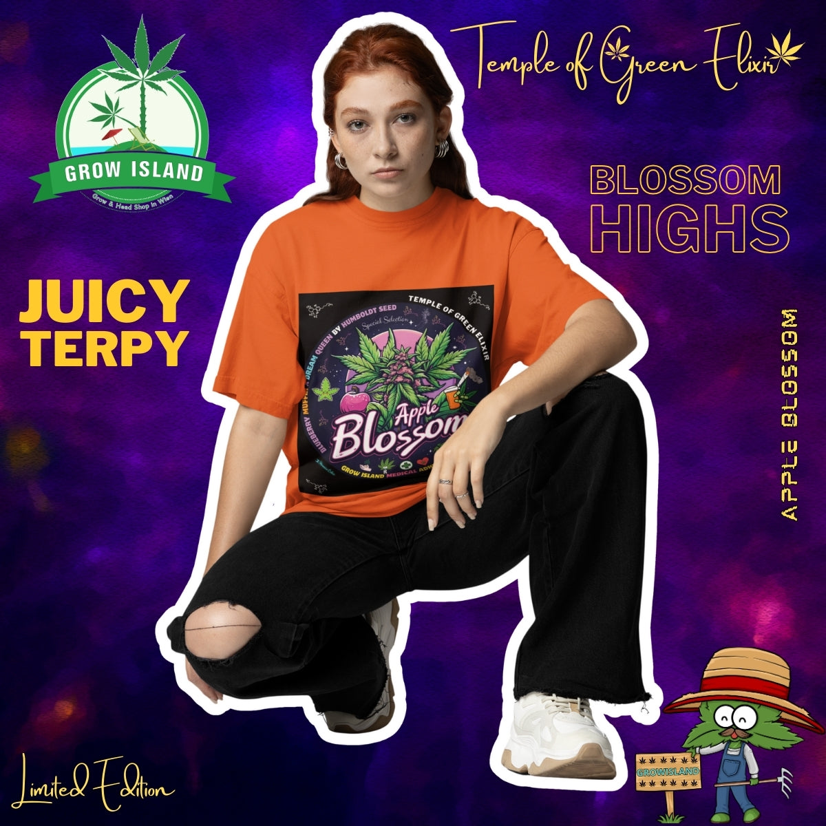 Junge Dame hockt im Apple Blossom oragnge T-shirt und schwarze Hose, lila-blaue hintergrund mit Grow Island und Temple of Green Elixir logo, text wie Juicy terpy auf der linke seite und Cannabis Figur in der rechte untere Ecke.