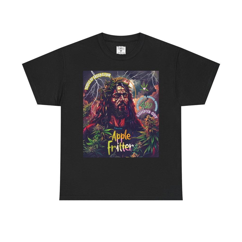 Apple Fritter schwarzes T-shirt, Im Zentrum der Grafik steht eine langhaarige, bärtige Figur mit einem aus Cannabis geflochtenen Kranz auf dem Kopf, umgeben von zuckenden Blitzen.