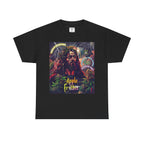 Apple Fritter schwarzes T-shirt, Im Zentrum der Grafik steht eine langhaarige, bärtige Figur mit einem aus Cannabis geflochtenen Kranz auf dem Kopf, umgeben von zuckenden Blitzen.