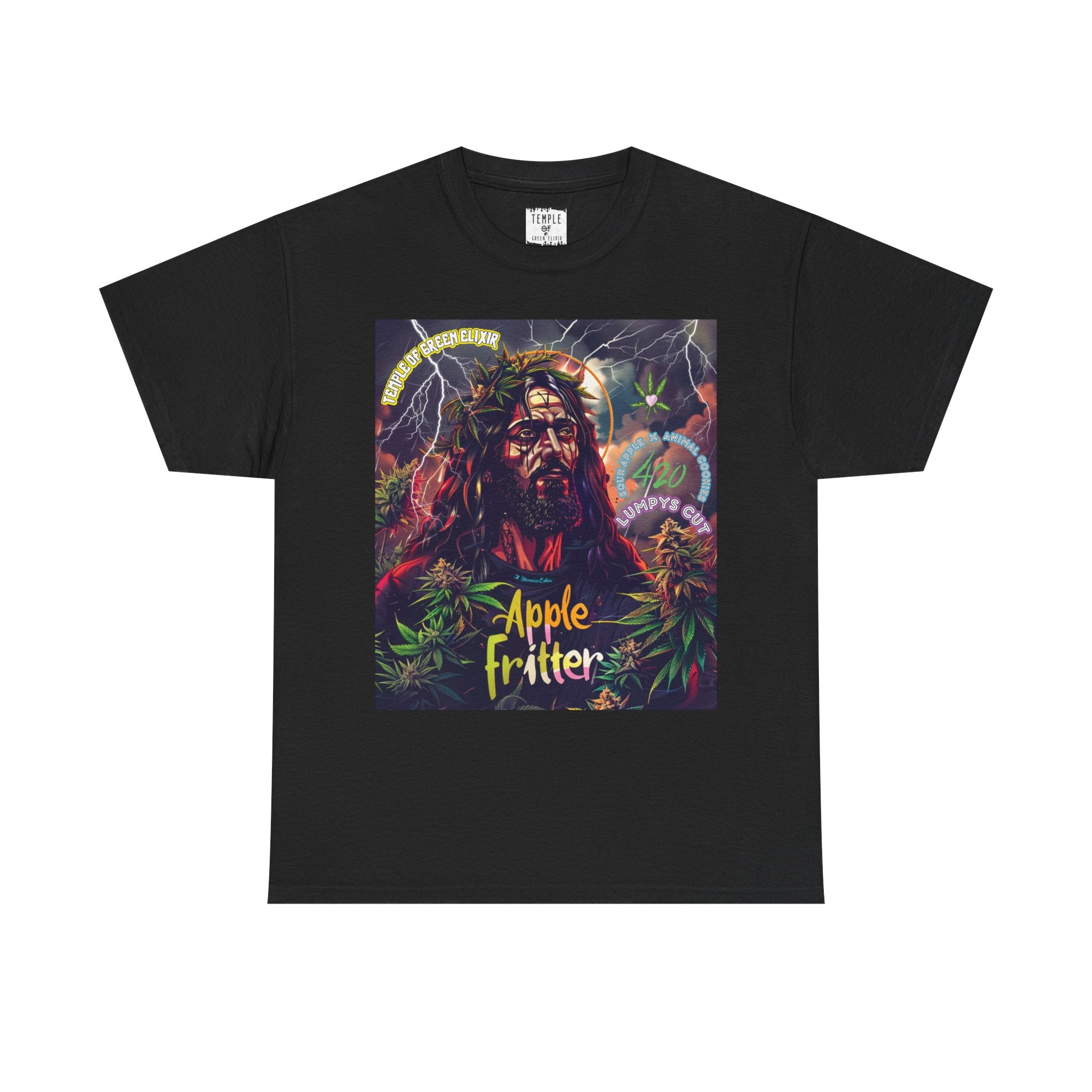 Apple Fritter schwarzes T-shirt, Im Zentrum der Grafik steht eine langhaarige, bärtige Figur mit einem aus Cannabis geflochtenen Kranz auf dem Kopf, umgeben von zuckenden Blitzen.