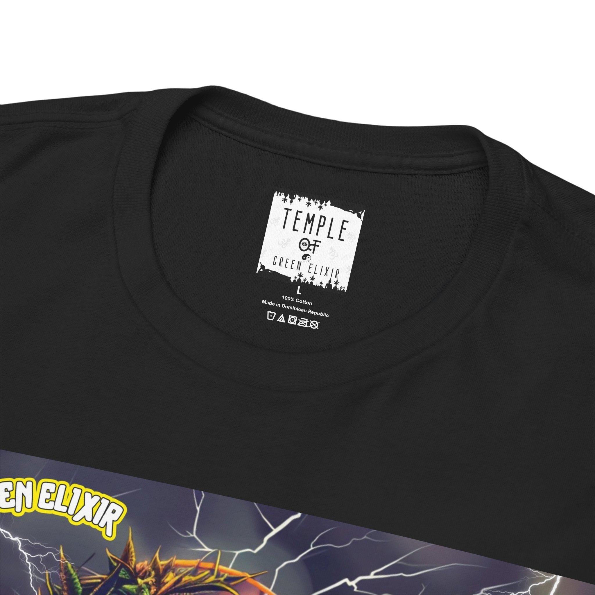 Temple of green Elixir Drucklabel in der innerseite von schwarzem Apple Fritter T-shirt