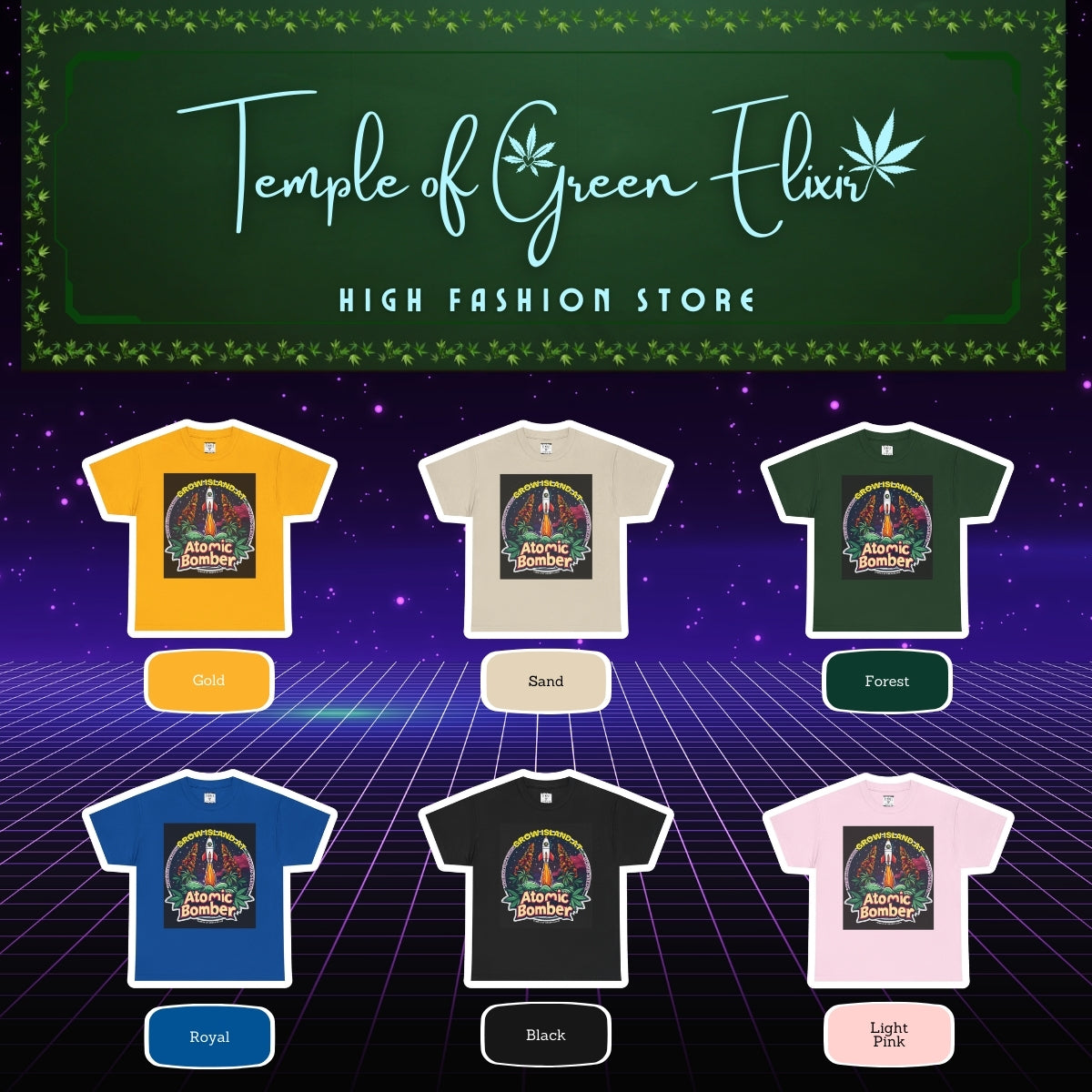 Atomic Bomber T-shirt Color chart: gelb, sand, dunkel grün, blau, schwarz, rosa