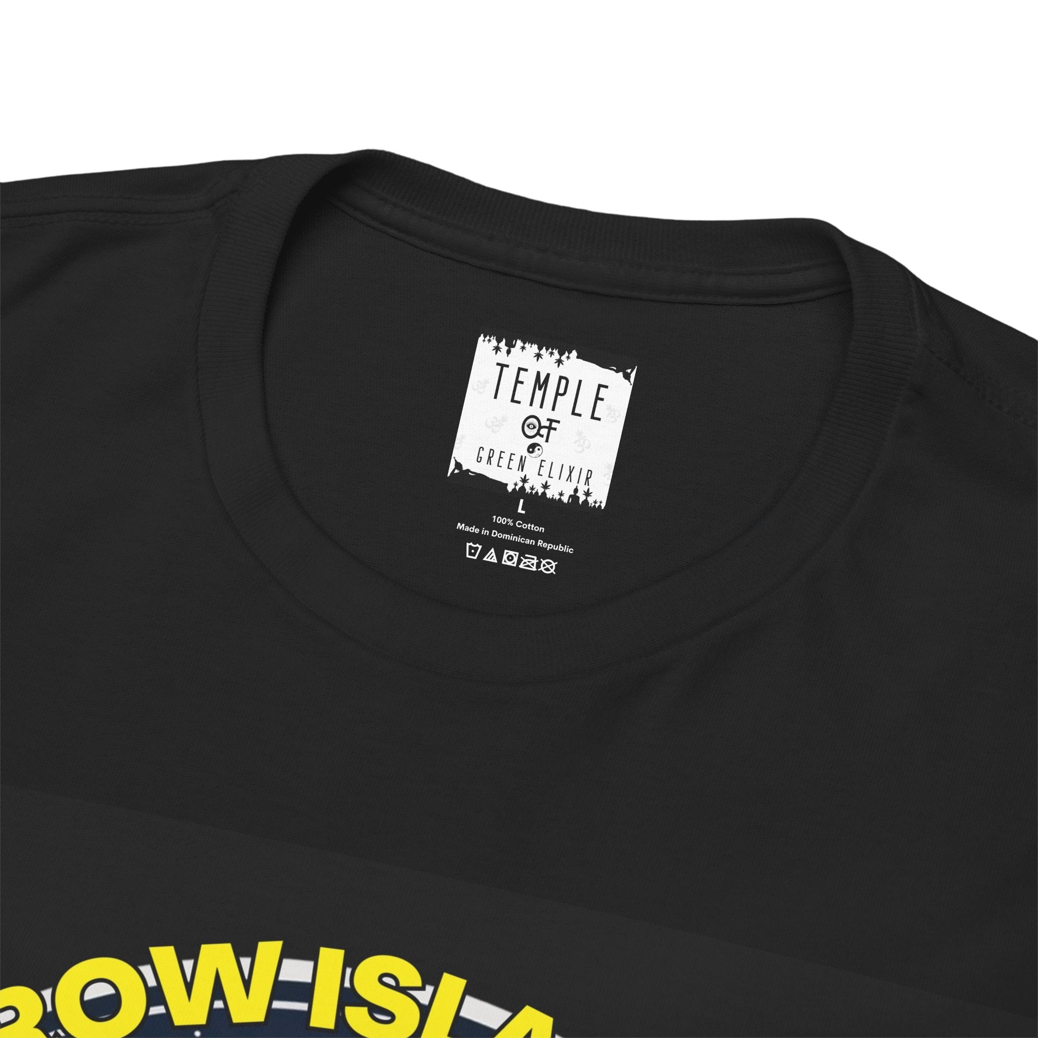 Temple of green Elixir Drucklabel in der innerseite von schwarzem Atomic Bomber T-shirt