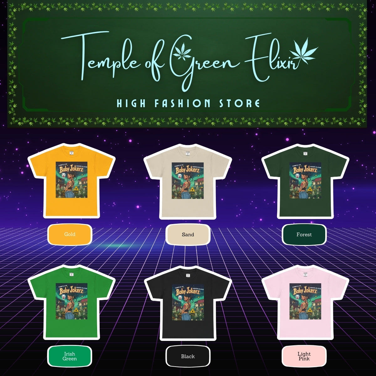 Baby Jokerz T-shirt Color chart:
gelb, sand, dunkel grün, irish grün, schwarz, rosa