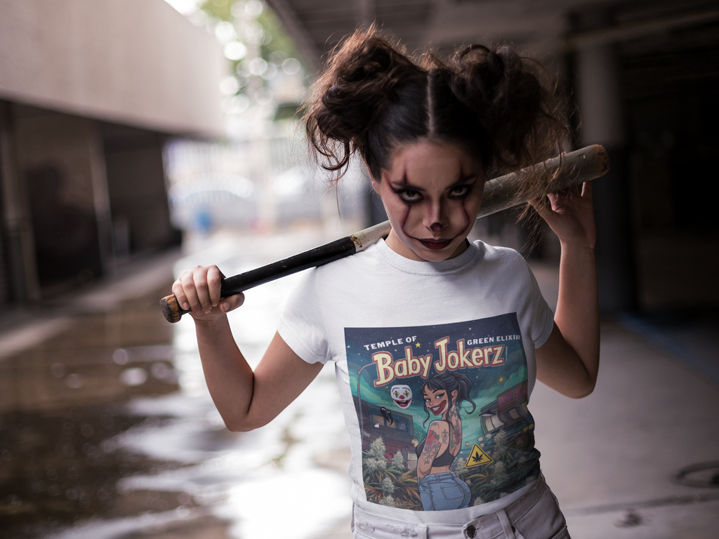 Ein Mädchen, als Clown geschminkt, trägt ein weißes Baby Jokez T-Shirt und hat einen Baseballschläger lässig über die Schulter gelegt, auf der Straße. Auf dem T-shirt  neben dem Neonlicht von Grow Island, dreht sich das Baby-Jokerz-Girl mit einem selbstbewussten Lächeln zu dir um – als hätte sie gerade eine geheime Botschaft hinterlassen. Im Hintergrund vermischen sich Sterne, der Duft von Gras und das Gefühl von Freiheit, Vorne viele Cannabis Pflanzen und Buds