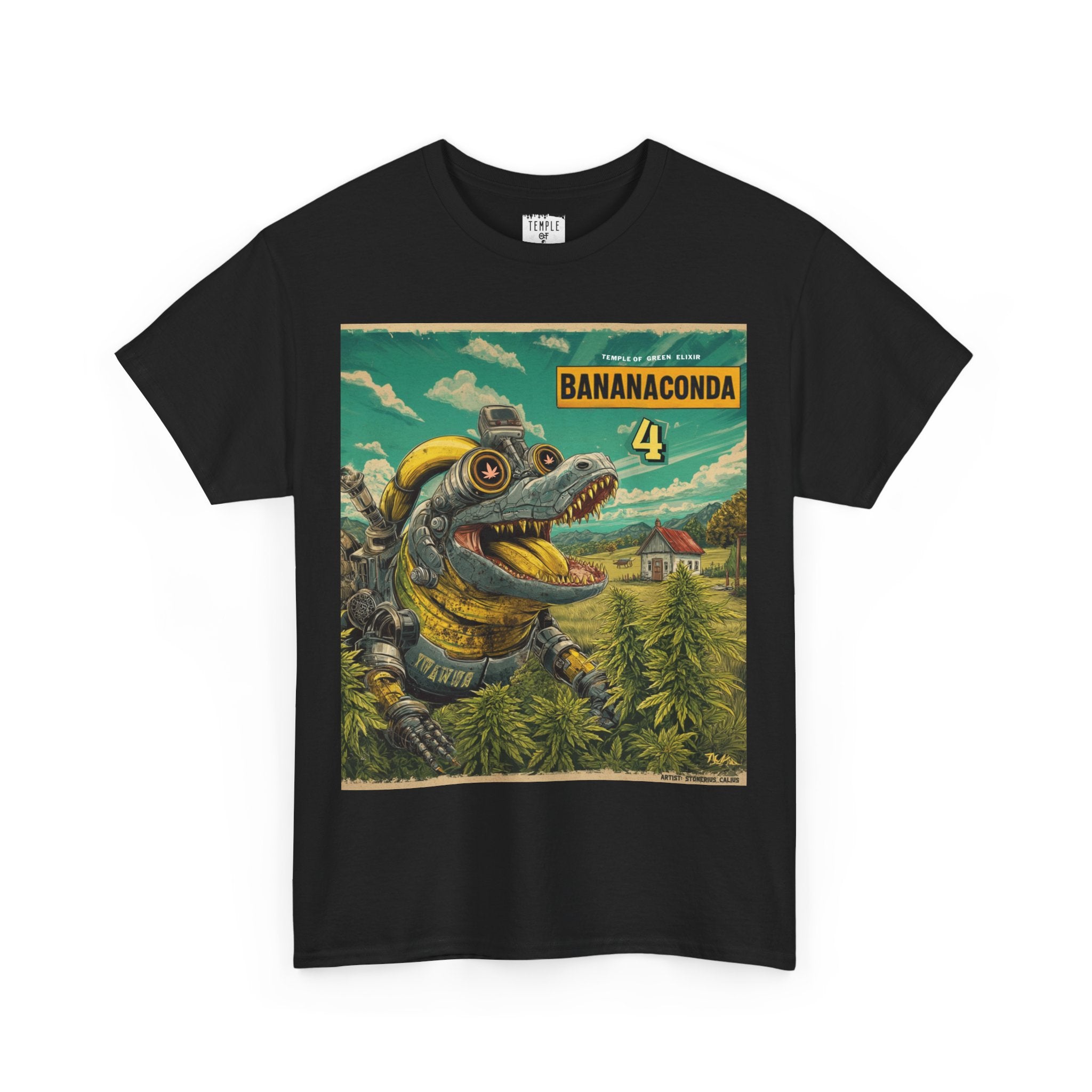 BananaConda4 schwarz T-shirt mit robot-bananen-krokodil auf einem cannabisfeld