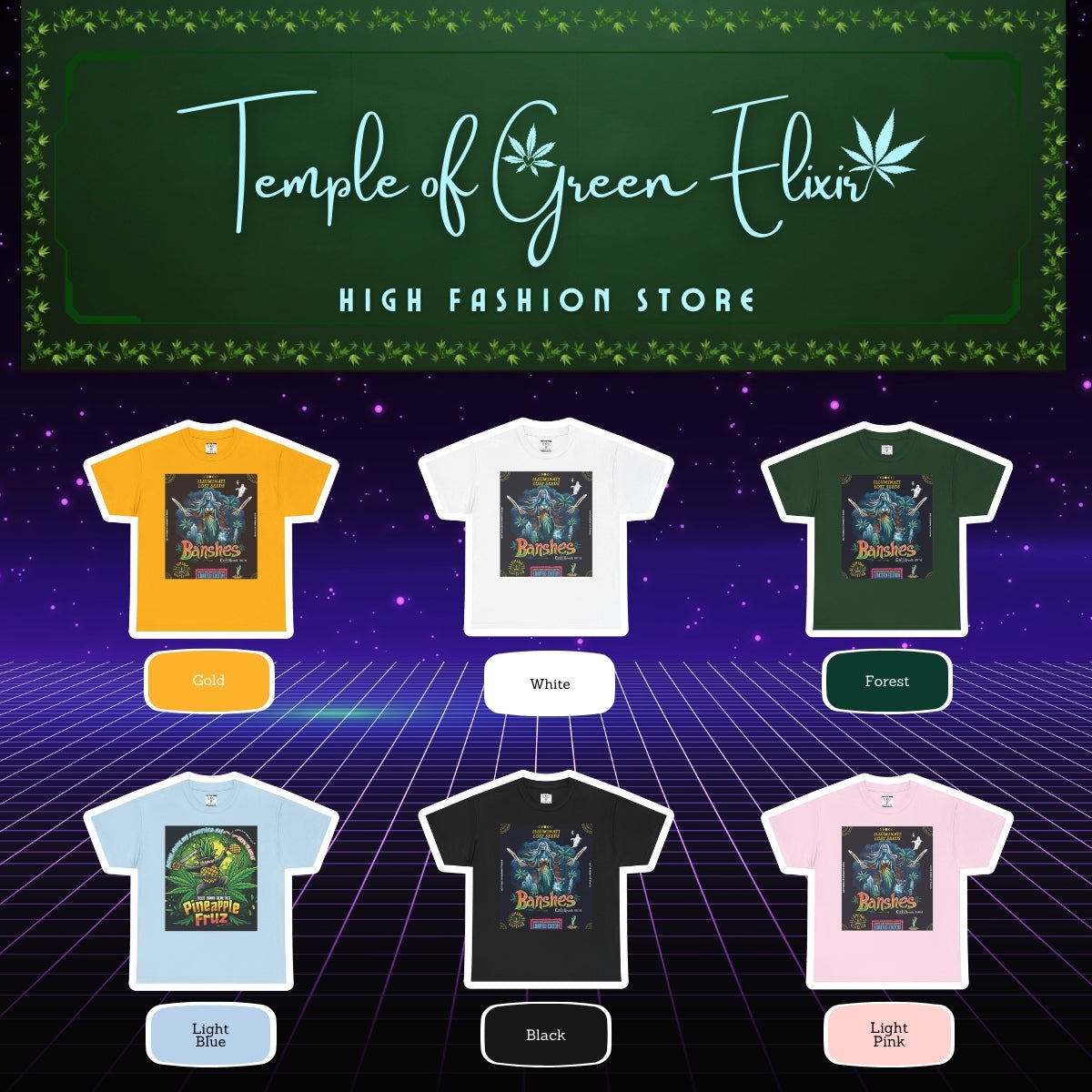 Banshes Cali Breath T-shirt Color chart:
Gelb, Weiß, Waldgrün, hellblau, Schwarz, Hellrosa
