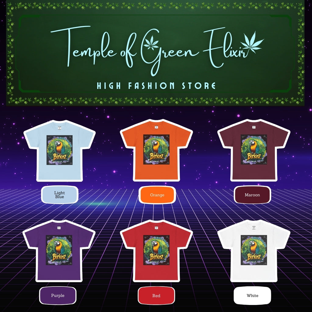 Birkinz T-shirt Color chart: Light Blue, Orange, Marroon, Purple, Red, White
