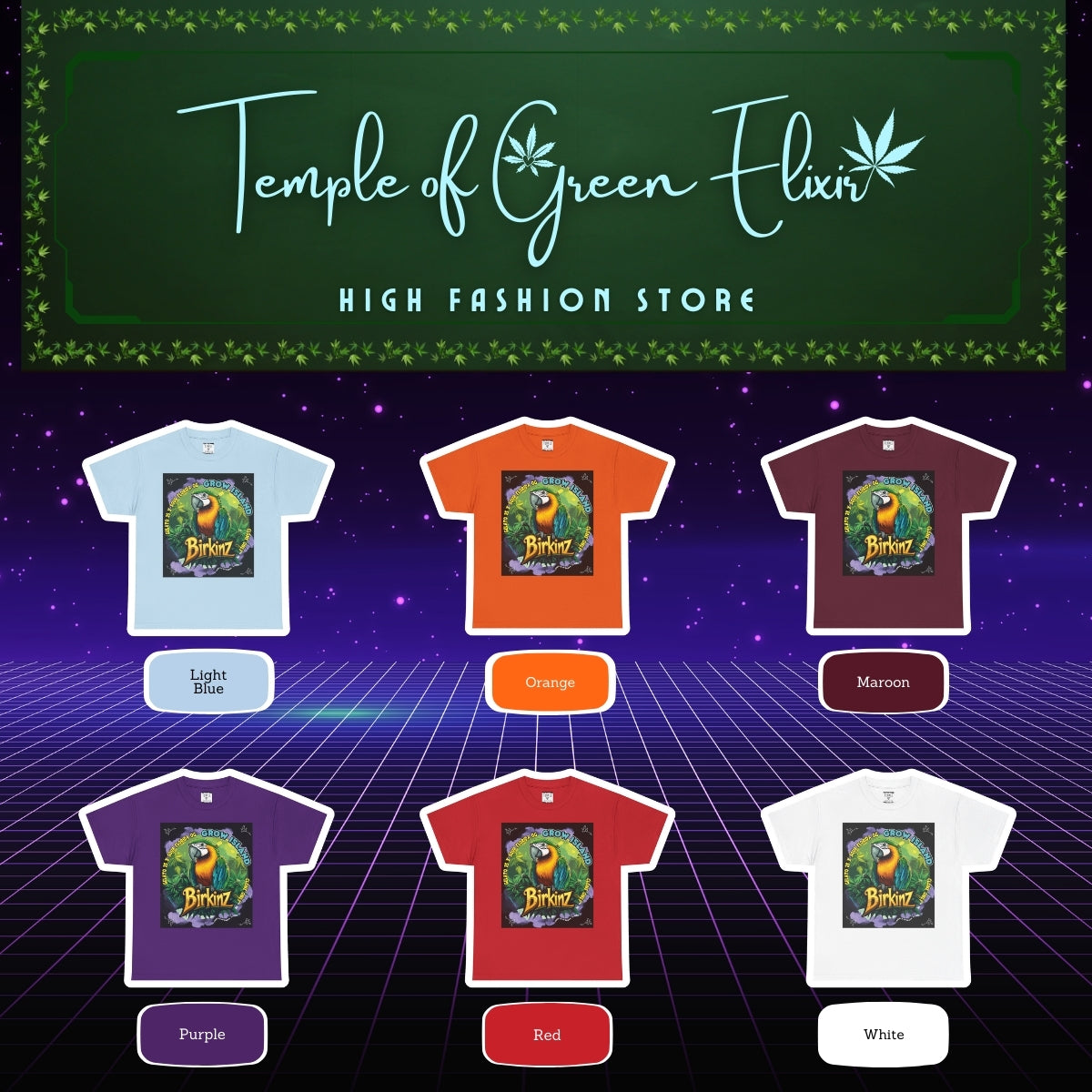 Birkinz T-shirt Color chart: Light Blue, Orange, Marroon, Purple, Red, White
