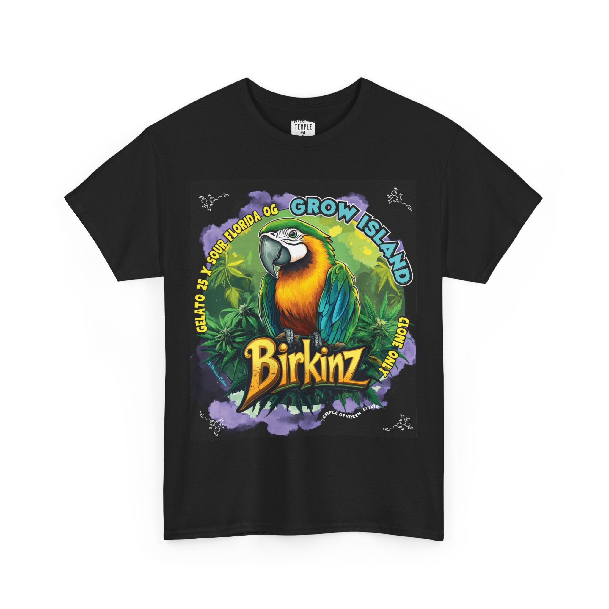 Birkinz schwarz T-shirt mit blau-grün-gelb Papagei und cannabis blühten rund herum