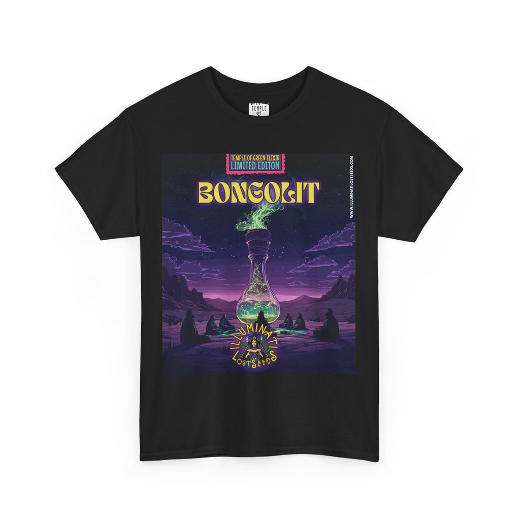 Bongolit schwarzes T-shirt mit Muster: Gruppe von Personen sitzt im Kreis in einer Fantasielandschaft um eine große, rauchende Bong-Flasche, vor nachtdunklem Himmel. Oben steht ‚Bongolit‘ und ‚Temple of Green Elixir Limited Edition‘, unten das Illuminati Lost Seeds Logo.