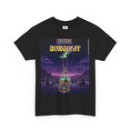Bongolit schwarzes T-shirt mit Muster: Gruppe von Personen sitzt im Kreis in einer Fantasielandschaft um eine große, rauchende Bong-Flasche, vor nachtdunklem Himmel. Oben steht ‚Bongolit‘ und ‚Temple of Green Elixir Limited Edition‘, unten das Illuminati Lost Seeds Logo.