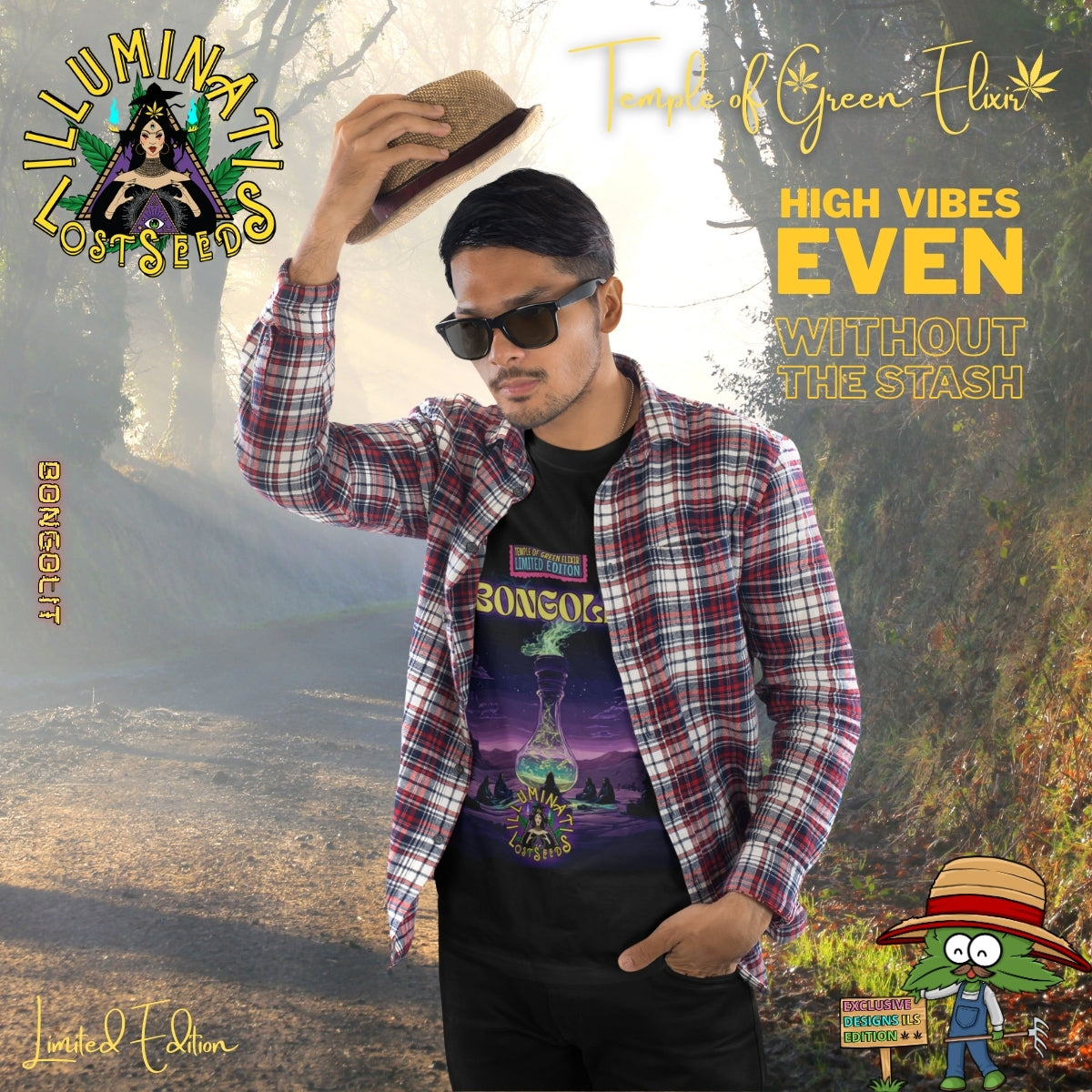 Mann mit Sonnenbrille und Strohhut steht im karierten Hemd und schwarzem Bongolit-T-Shirt in einer herbstlichen Waldlandschaft, umgeben von Schriftzügen wie ‚Illuminati Lost Seeds‘, ‚Temple of Green Elixir‘ und dem Slogan ‚High Vibes Even Without The Stash‘. Auf dem T-shirt steht Gruppe von Personen sitzt im Kreis in einer Fantasielandschaft um eine große, rauchende Bong-Flasche, vor nachtdunklem Himmel. Oben steht ‚Bongolit‘ und ‚Temple of Green Elixir Limited Edition‘, unten das Illuminati Lost Seeds Logo