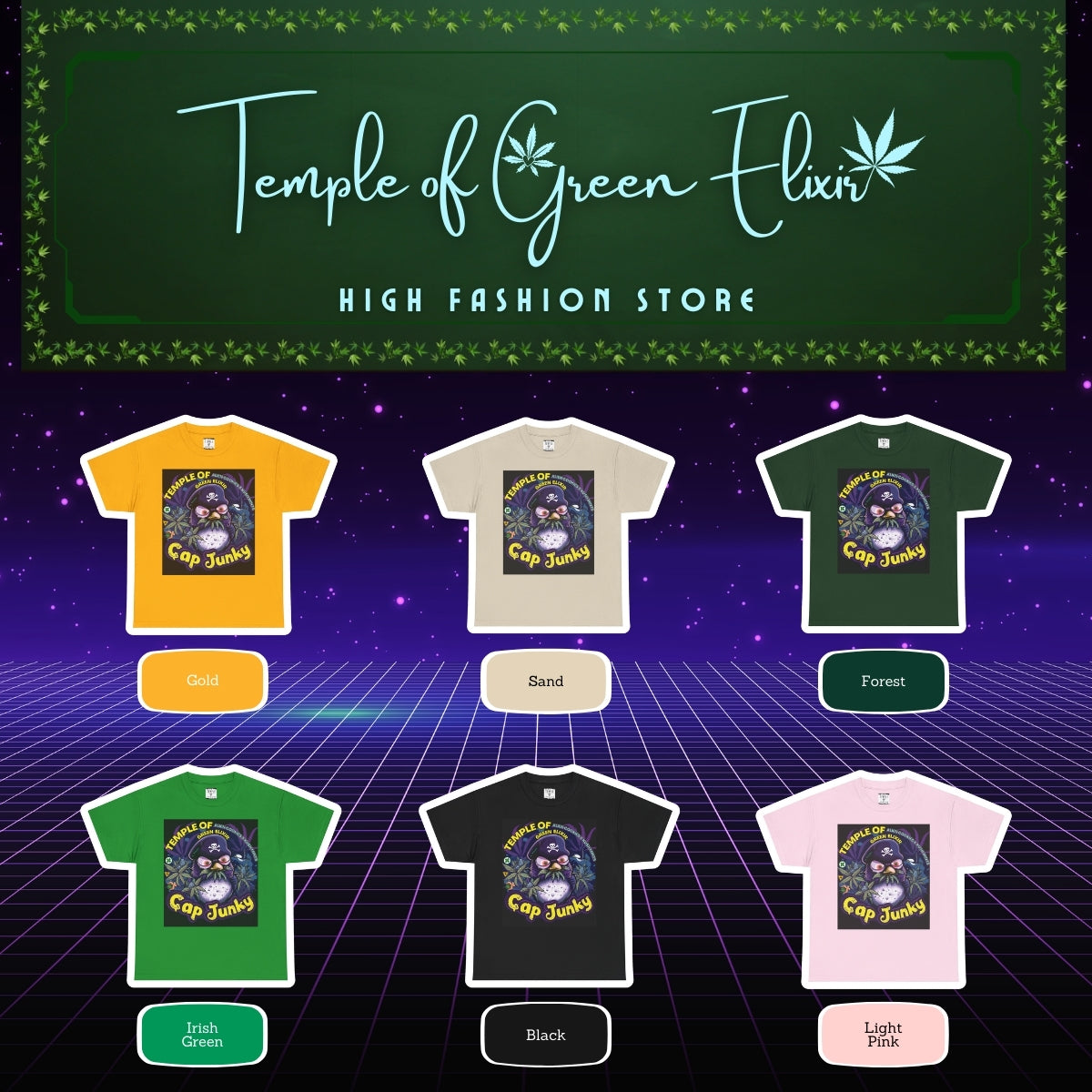 Cap Junky T-Shirt Color chart:
Gelb, Sand, Waldgrün, Irischgrün, Schwarz, Hellrosa