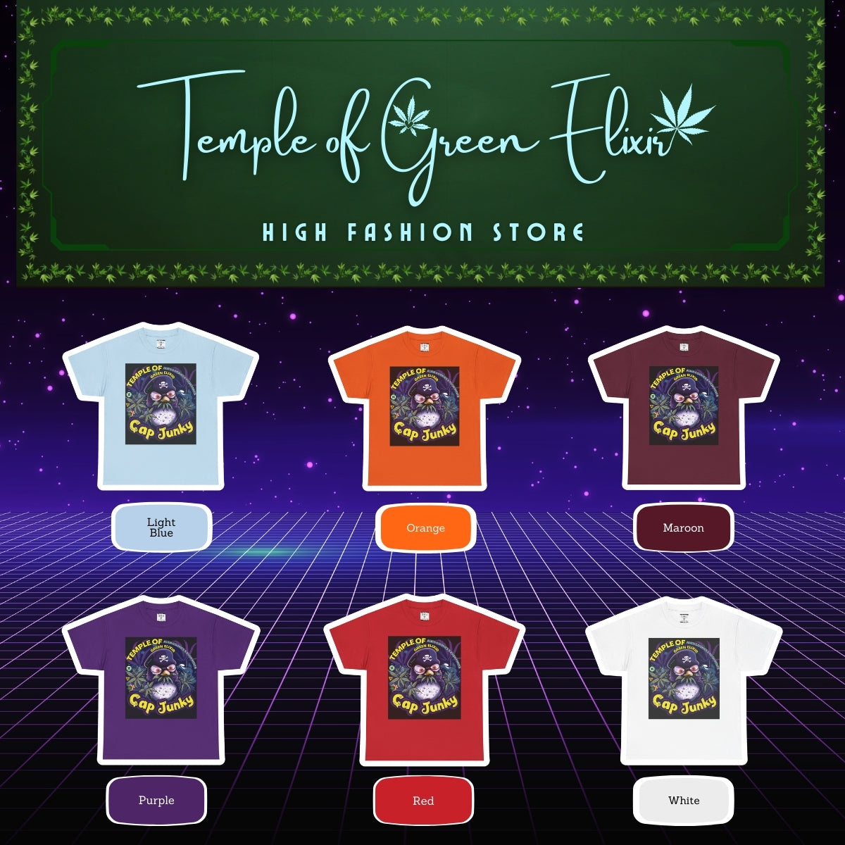 Cap Junky T-Shirt Color chart:
Hellblau, Orange, Kastanienbraun, Lila, Rot, Weiß 