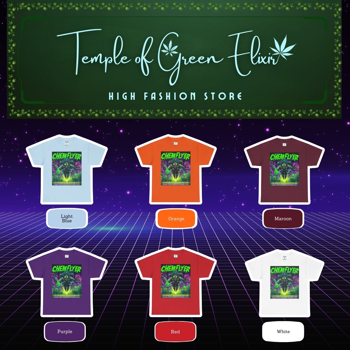 Chemflyer T-shirt Color chart:
Hell Blau, Orange, Bordou, Lila, rot, weiss