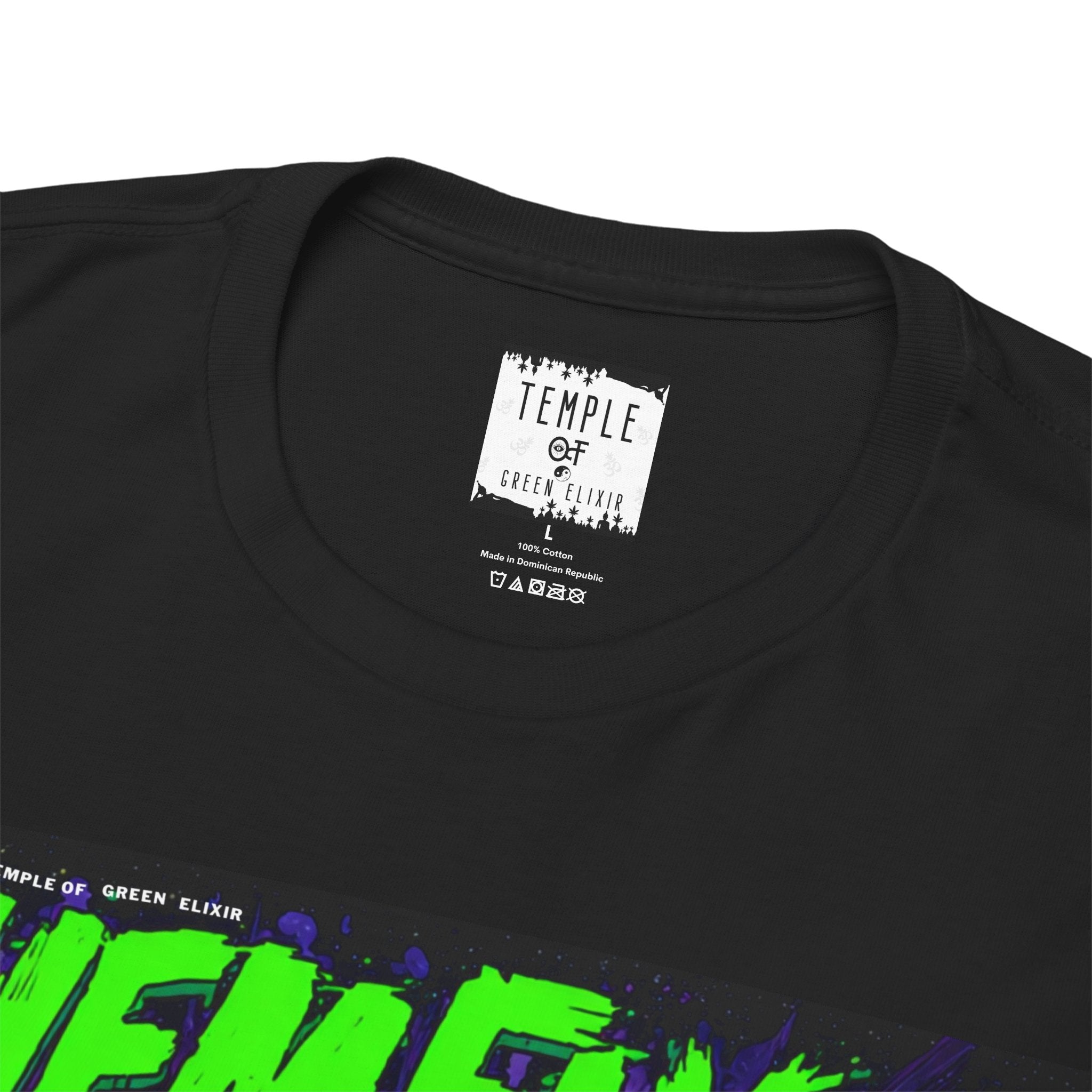 Temple of green Elixir Drucklabel in der innerseite vom Chemflyer T-shirt