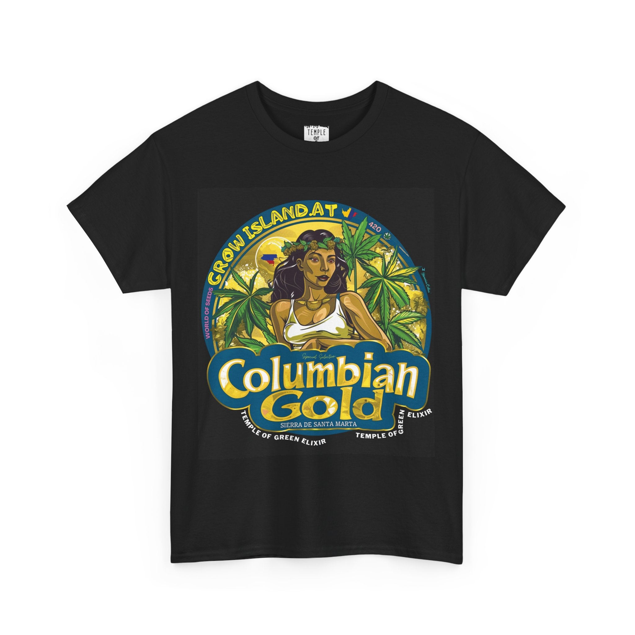 Columbian Gold T-Shirt schwarz,  Im Mittelpunkt des Designs steht eine tropische Göttin, umgeben von Sonnenstrahlen, einem Blumenkranz und üppigen Cannabis Blättern 