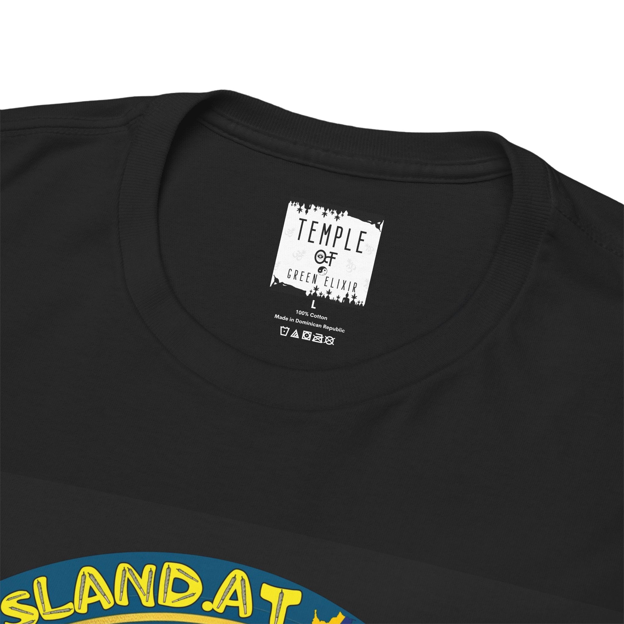 Temple of green Elixir Drucklabel in der innerseite vom schwarzen Columbian Gold T-shirt