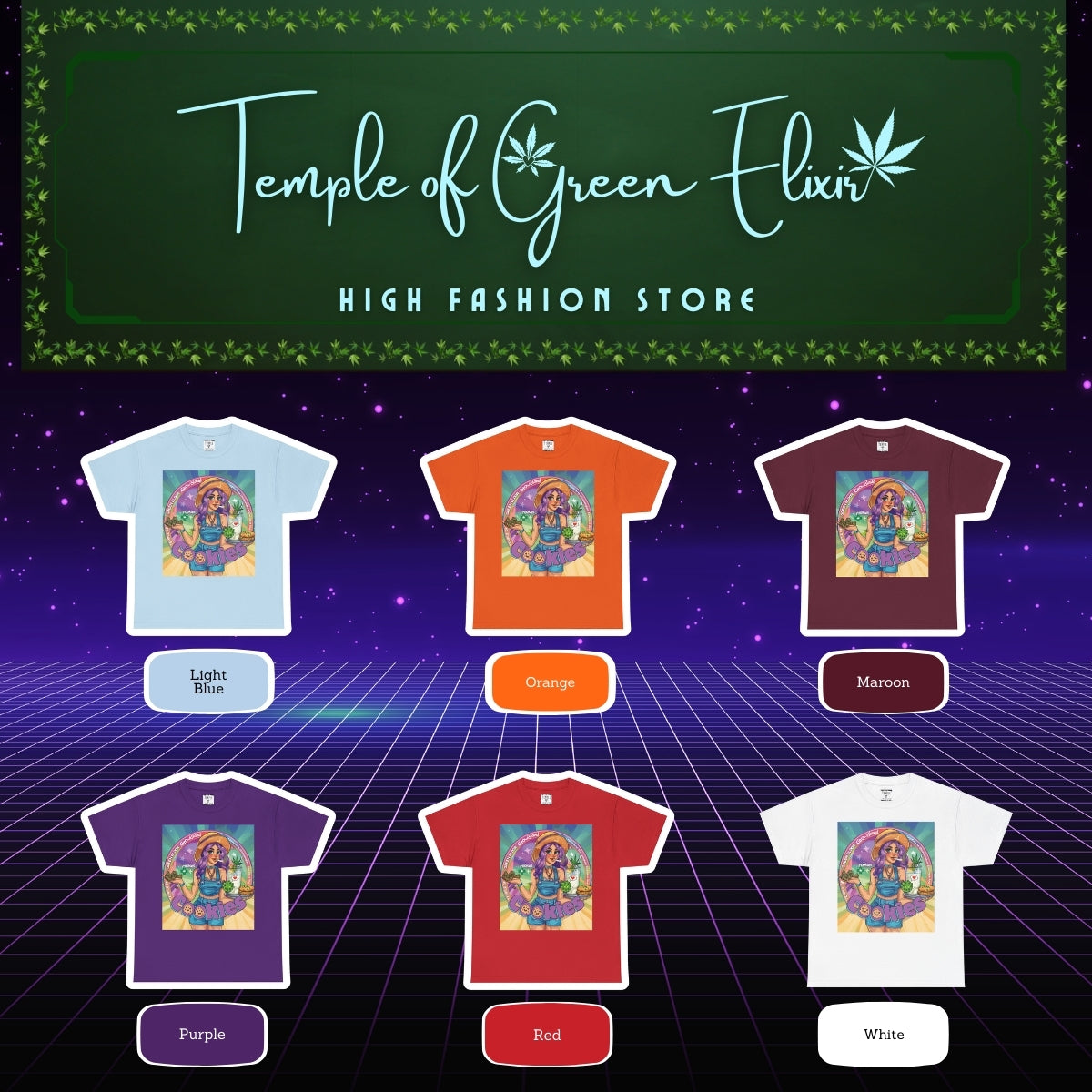 Cookies T-shirt Color chart:
Hell Blau, Orange, Bordou, Lila, rot, weiss