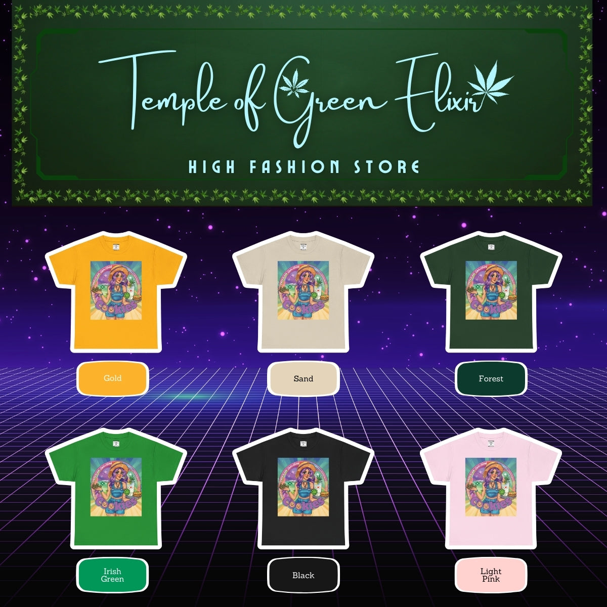 Cookies T-shirt Color chart:
gelb, sand, dunkel grün, irish grün, schwarz, rosa