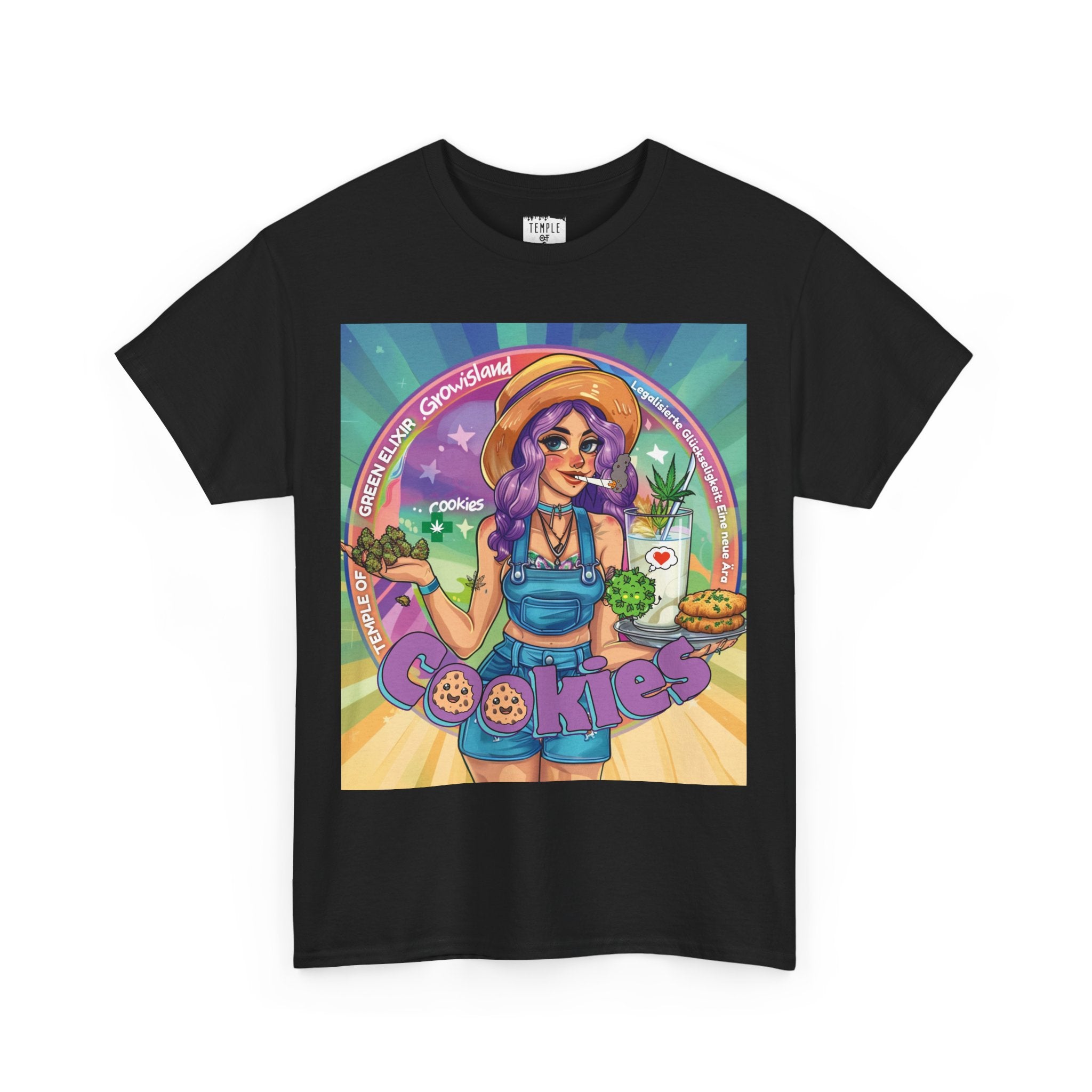 Cookies schwarzes T-shirt mit ein Mädchen mit lilafarbenem Haar die zwei Seiten der Natur in Balance hält: In einer Hand duftende, frische Cannabis Buds, in der anderen eine Schale Kekse und ein Glas Milch – darin schwimmt ein kleines Cannabisblatt, als wäre es eine geheime Zutat. Im Hintergrund sorgen regenbogenfarbene Lichteffekte und verspielte Zeichnungen für ein Gefühl von Freiheit, Akzeptanz und kreativer Freude. 