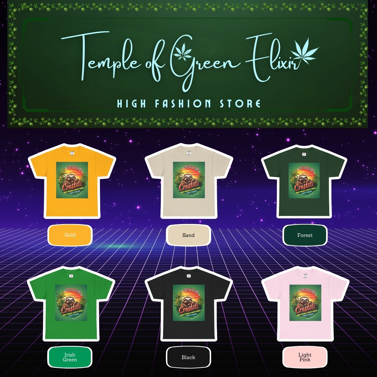 Crostata T-shirt Color chart:
gelb, sand, dunkel grün, irish grün, schwarz, rosa
