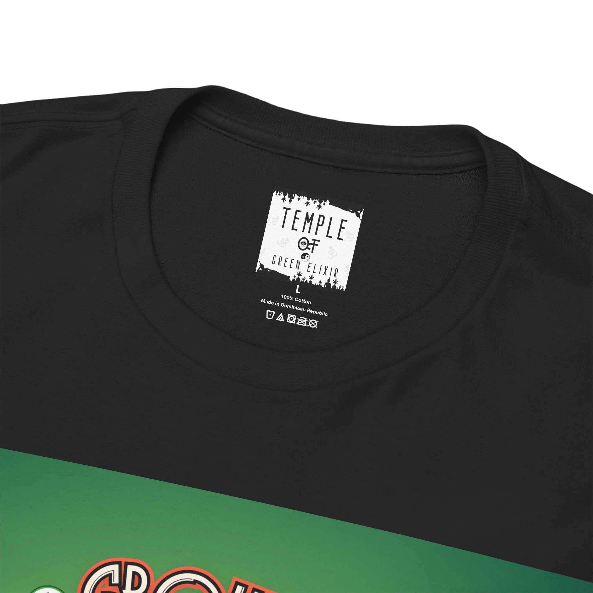Temple of green Elixir Drucklabel in der innerseite von schwarzem Crostata T-shirt