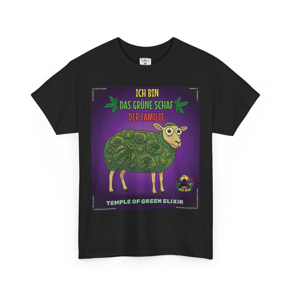 Design des Das grüne Schaf T-Shirts: Ein Schaf, dessen Fell vollständig aus Cannabisblättern geformt ist. Darunter steht der Markenname 'Temple of Green Elixir'.﻿