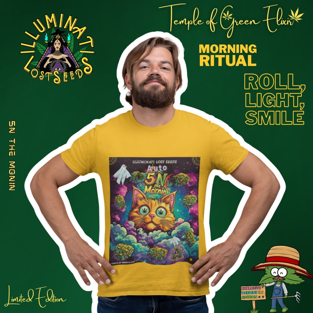 Ein Mann mit einem zufriedenen Lächeln verkörpert die entspannte Botschaft der "5N in the Mornin'" Kampagne: "Morning Ritual: Roll, Light, Smile." Er trägt das leuchtend gelbe T-Shirt mit dem kultigen Katzen-Motiv, das über einer kosmischen Wolkenlandschaft schwebt. Diese limitierte Edition von "Temple of Green Elixir" und "Illuminati Lost Seeds" ist der perfekte Start in den Tag für alle, die ihre Morgenroutine mit einer Prise Humor und Magie zelebrieren
