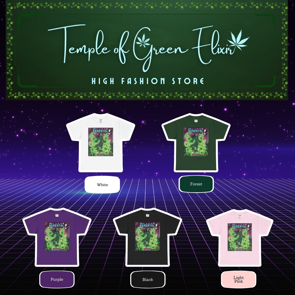  Entfessle deinen inneren Geist mit der  Dementhol T-shirt Kollektion von "Temple of Green Elixir". Diese Grafik präsentiert das schaurig-schöne Design auf fünf verschiedenen T-Shirt-Farben: Weiß, Waldgrün, Lila, Schwarz und Hellrosa. Vor einem retro-futuristischen 80er-Jahre-Hintergrund kannst du die Farbe wählen, die am besten zu deiner geheimnisvollen Seite passt.﻿