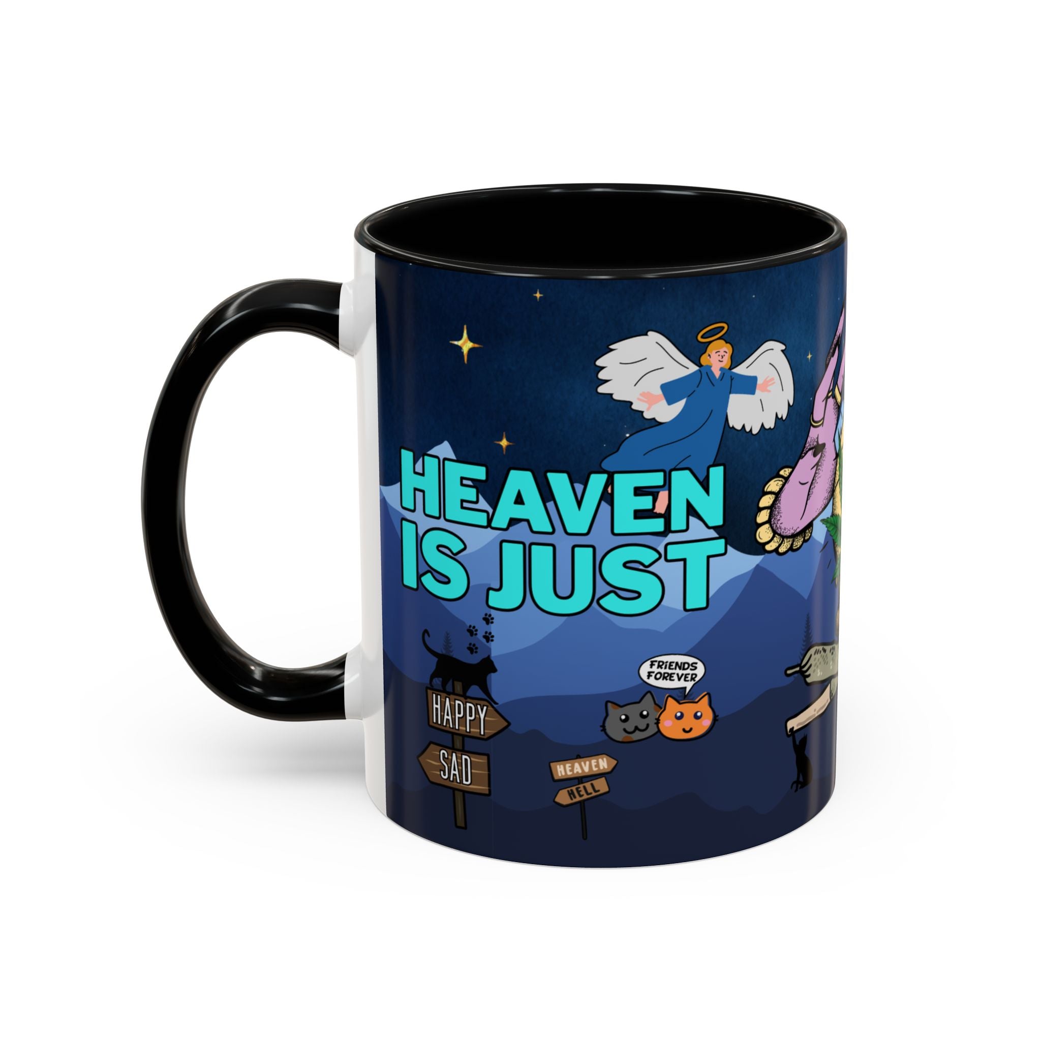 Eine zweifarbige  „Heaven is just one joint away“ Keramiktasse, Temple of Green Elixir (weiß/schwarz) mit einem detailreichen Cartoon-Druck. Das Design stellt eine humorvolle Vision des Jenseits dar, mit Engeln, Katzen-Freunden ('Friends Forever'), einer mystischen lila Hand, die einen Joint hält, und Wegweisern, die die Richtungen 'Happy/Sad' und 'Heaven/Hell' anzeigen. Der Hauptslogan lautet 'HEAVEN IS JUST'.﻿