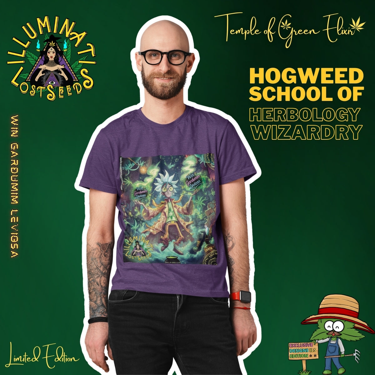 Ein Mann mit Brille und Bart verkörpert den nachdenklichen, aber humorvollen Geist der "Hogweed School of Herbology Wizardry". Er trägt das lila "Wingardium Leviosa" T-Shirt und repräsentiert damit eine neue Generation von Zauberern, die Wissen mit einem Augenzwinkern verbinden. Diese limitierte Edition von "Temple of Green Elixir" und "Illuminati Lost Seeds" ist für alle, die ihren Verstand und ihren Humor gleichermaßen schätzen.